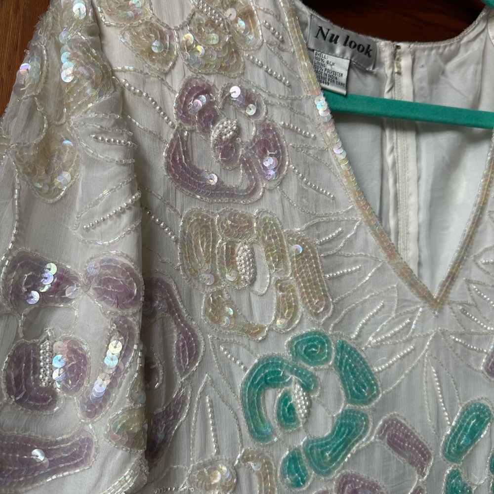 Vintage Floral Sequined Embroidered Teal, Pink & White Blouse - Picture 3 of 10